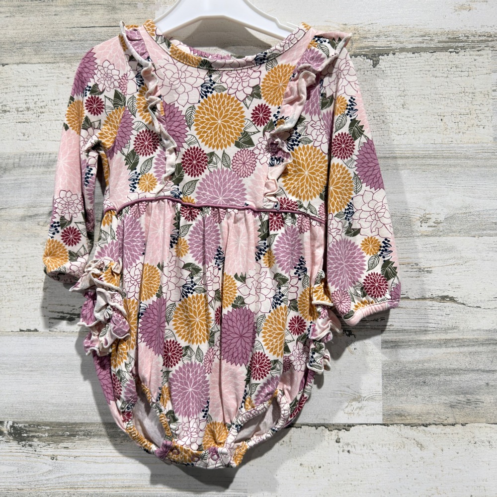 Ruffle Butts Romper Girls 18-24M Pink Floral Long Sleeve Bubble Cottagecore EUC